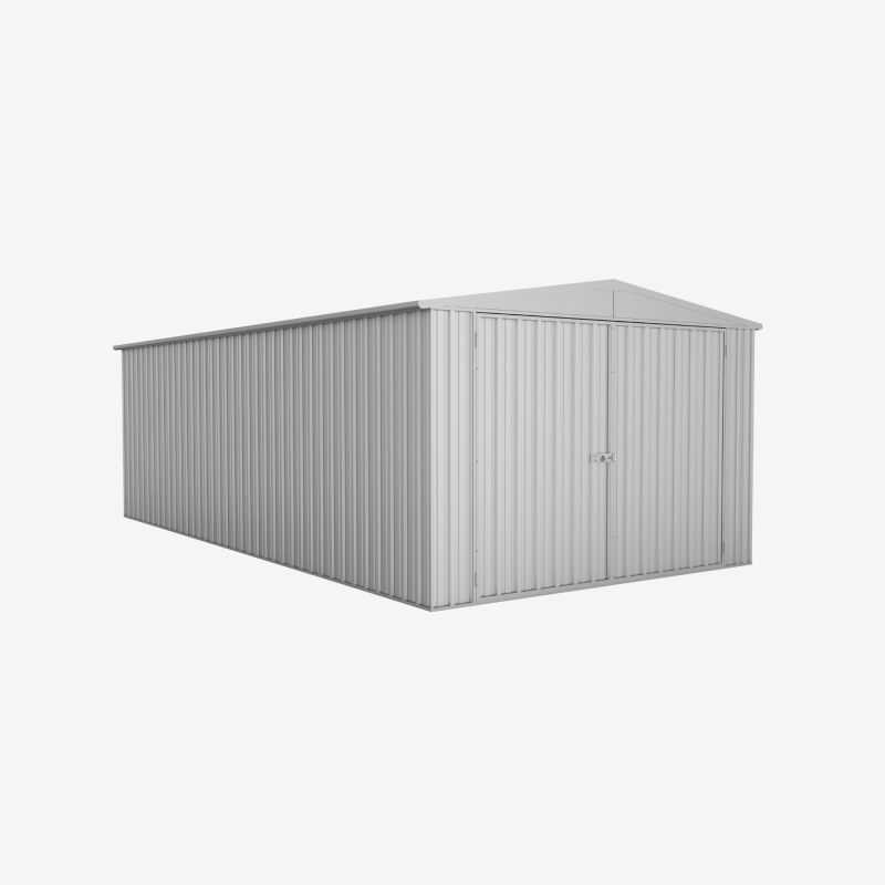 Garage en métal MELTON 17,6 m² gris avec porte fermée vue de 3/4