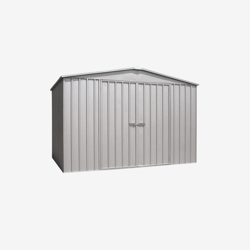 Abri de jardin en métal Cerland Fraser 6,4 m² gris avec porte fermée vue de 3/4