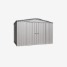 Abri de jardin en métal Cerland Fraser 6,4 m² gris avec porte fermée vue de 3/4