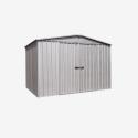 Abri de jardin en métal Cerland Fraser 10,9 m² gris avec porte fermée vue de 3/4