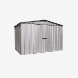 Abri de jardin en métal Cerland Fraser 10,9 m² gris avec porte fermée vue de 3/4