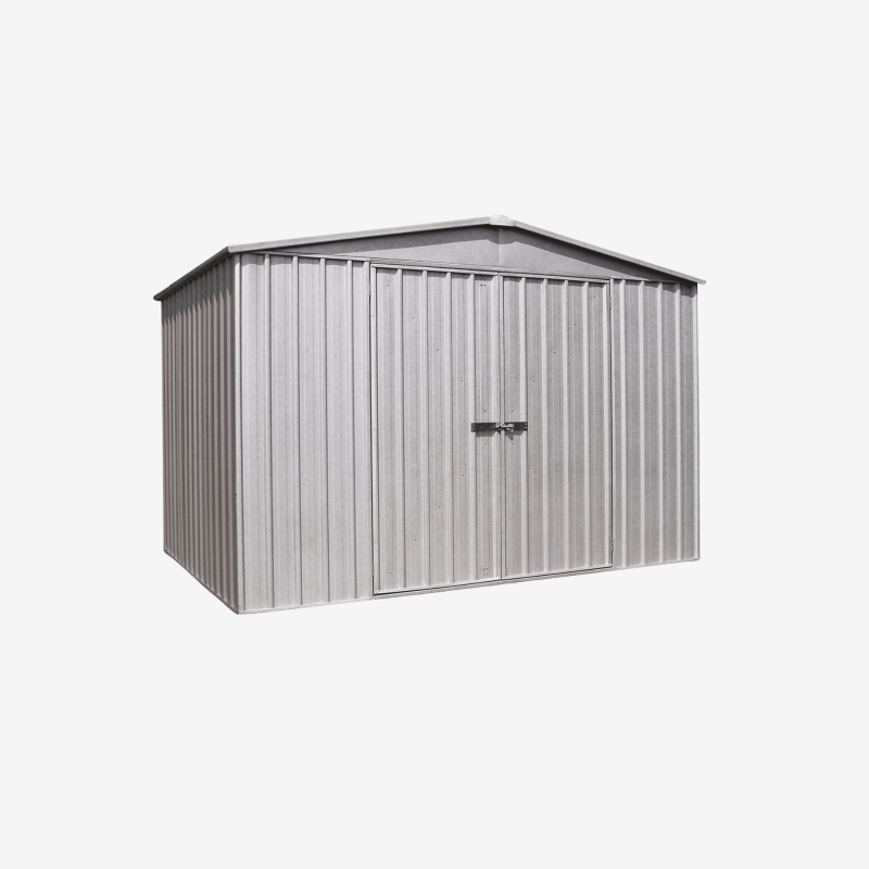 Abri de jardin en métal Cerland Fraser 10,9 m² gris avec porte fermée vue de 3/4