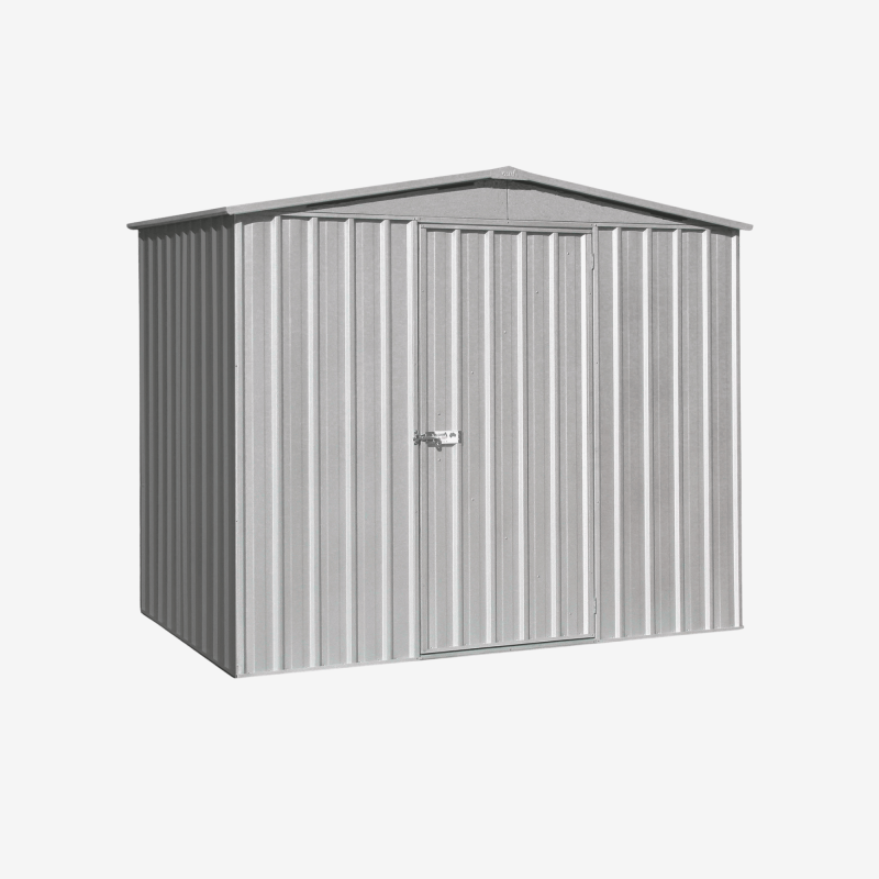 Abri de jardin en métal Cerland Fraser 4,8 m² gris avec porte fermée vue de 3/4