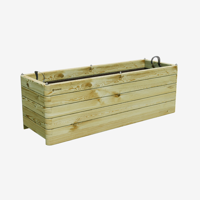 Bac à fleurs rectangulaire en bois à lames horizontales, vue de 3/4