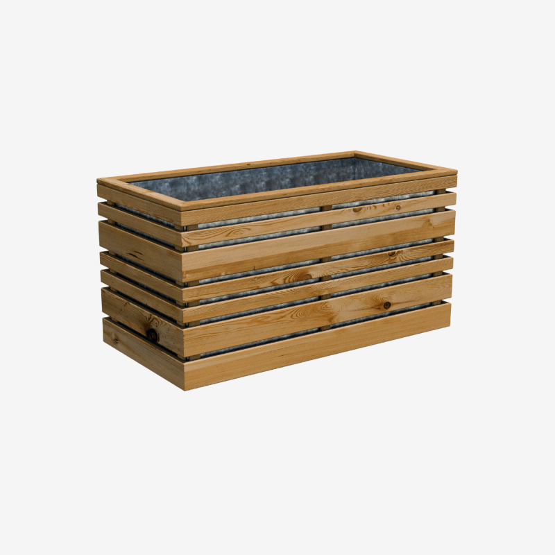 Bac à fleurs rectangulaire avec intérieeur acier et extérieur bois, vue de 3/4