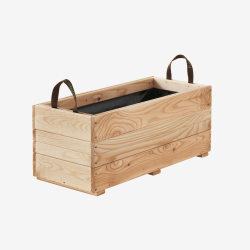 Bac à fleurs rectangulaire en bois avec poignets sur le dessus, vue de 3/4