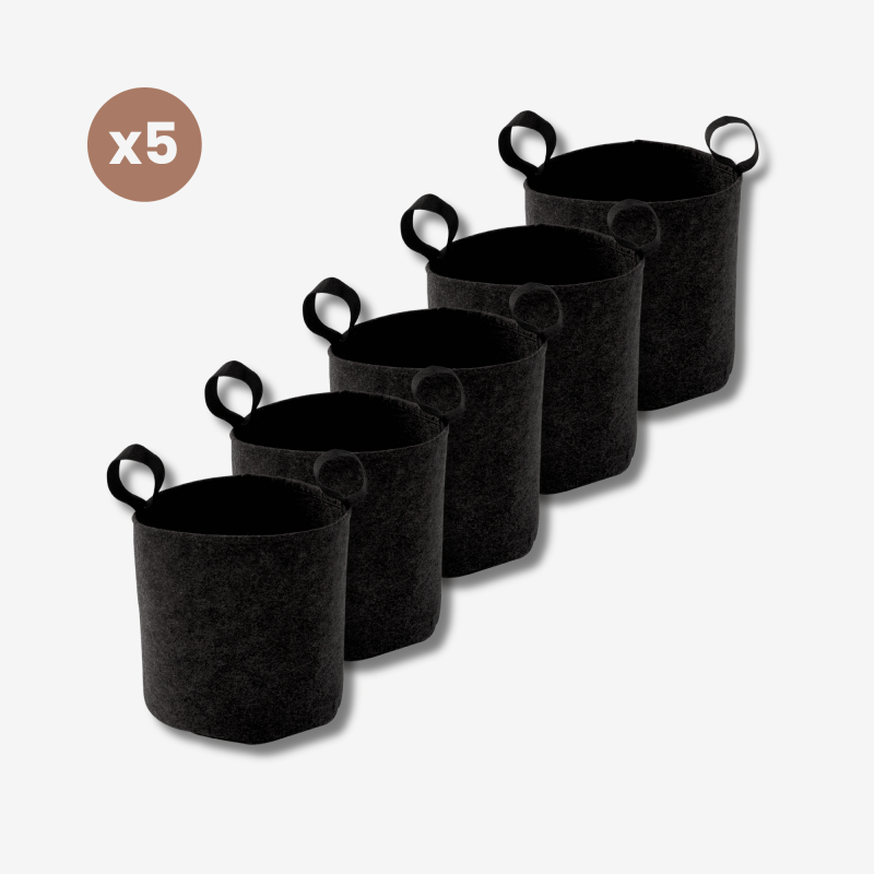 Lot de 5 sacs de plantation en feutre géotextile ø 25 cm Noir vue de face sur fond blanc