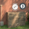 Composteur Converto en situation dans un jardin avec des icônes indiquant sa garantie et son traitement