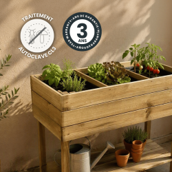 Carré potager Essencia en situation avec des icônes presentant sa garantie et son traitement.