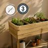 Carré potager Essencia en situation avec des icônes presentant sa garantie et son traitement.