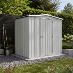 Abri de jardin en métal Fraser gris 3,2m² installé dans un jardin