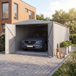 Garage en métal MELTON gris 17,6m² installé dans une allée de maison avec les deux portes ouverte et une voiture à l'intérieur