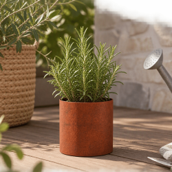 Bac Rond Corten - 1L - en ambiance sur une terrasse avec une petite plante dedans.