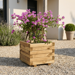 Bac à fleurs Baroque en ambiance dans une allée de maison, sur des cailloux blancs, devant une porte d'entrée